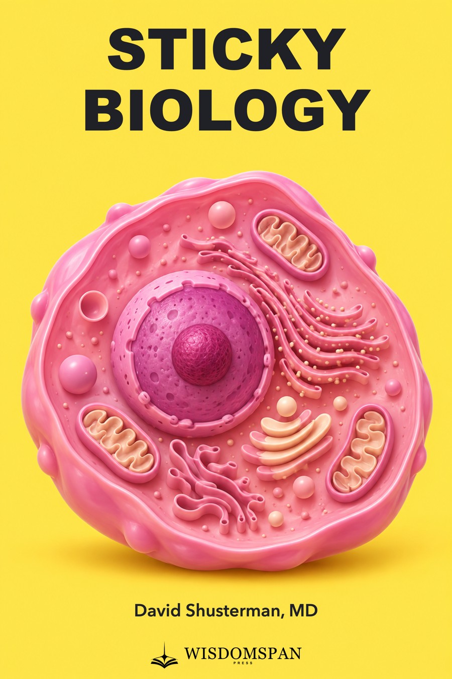 Sticky Biology: yellow and pink cover with a biology illustration, by David Shusterman, MD