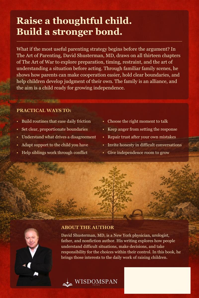 The Art of Parenting back cover, with a red and gold garden illustration and author David Shusterman